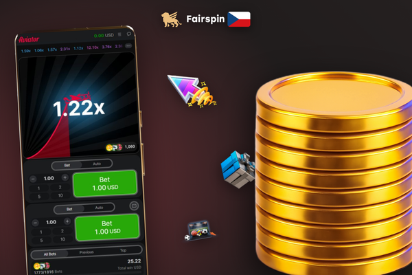 Spodní lišta Aviator na Fairspin Casino s panely sázek, auto-cashout a tlačítky pro výběr výhry