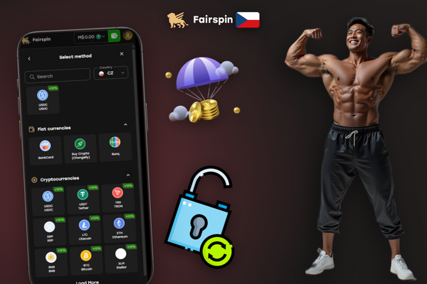 Ruka s telefonem a kartou Visa provádí minimální vklad na Fairspin Casino